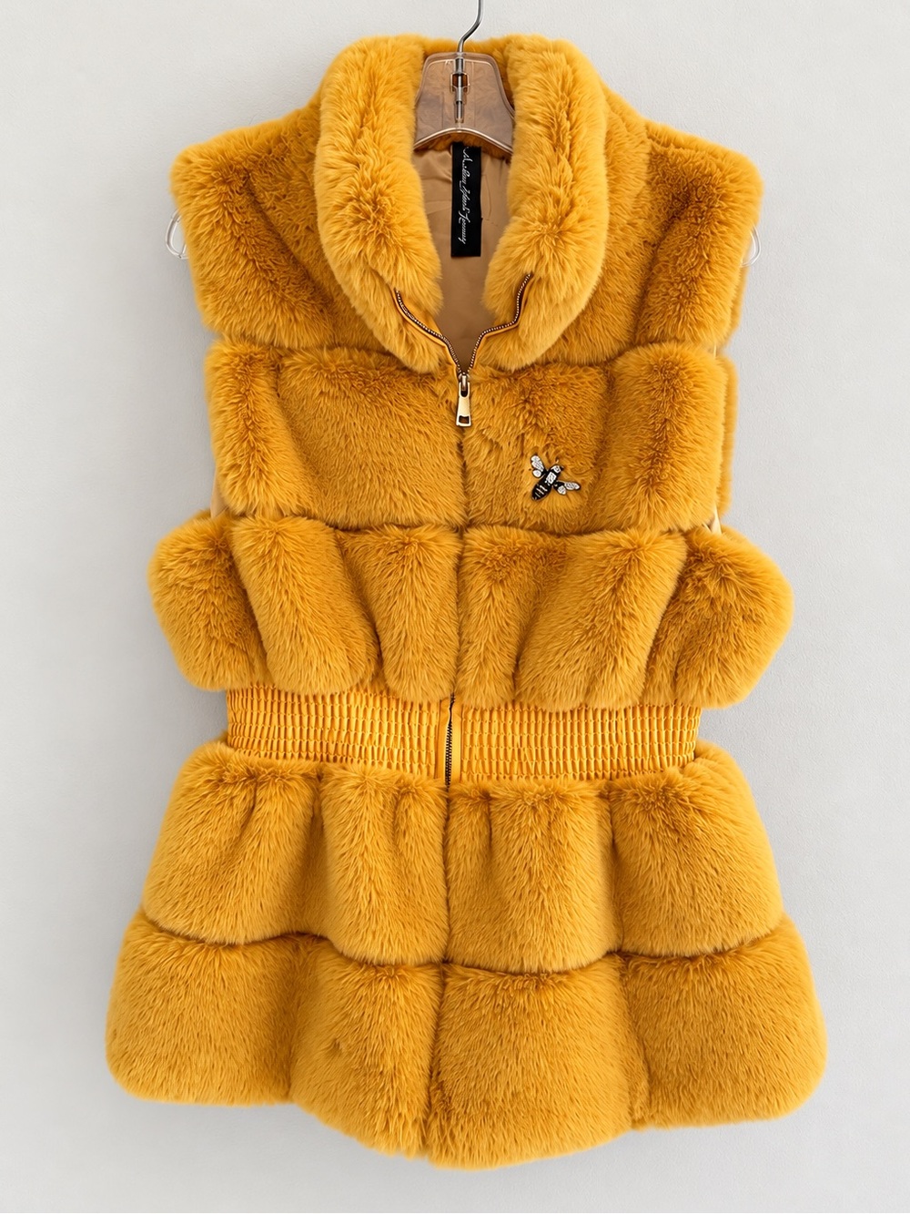 Aratta Silent Journey Queen Bee Faux Fur Vest L Mustard Gold Crystal Bee Boho